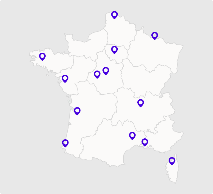 carte de la france avec l'emplacement des magasins